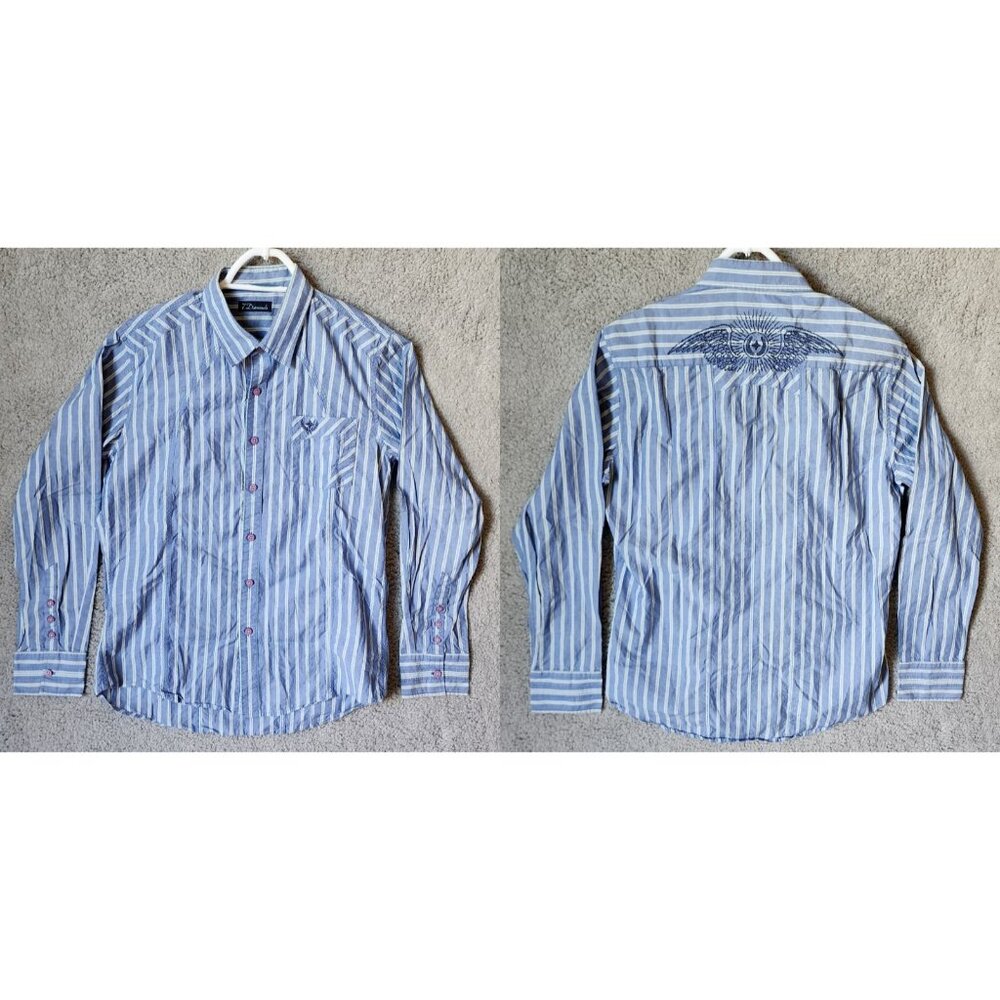 VTG Y2K 7 Diamonds Blue Striped Embroidered Long Sleeve Button Up Shirt Size M